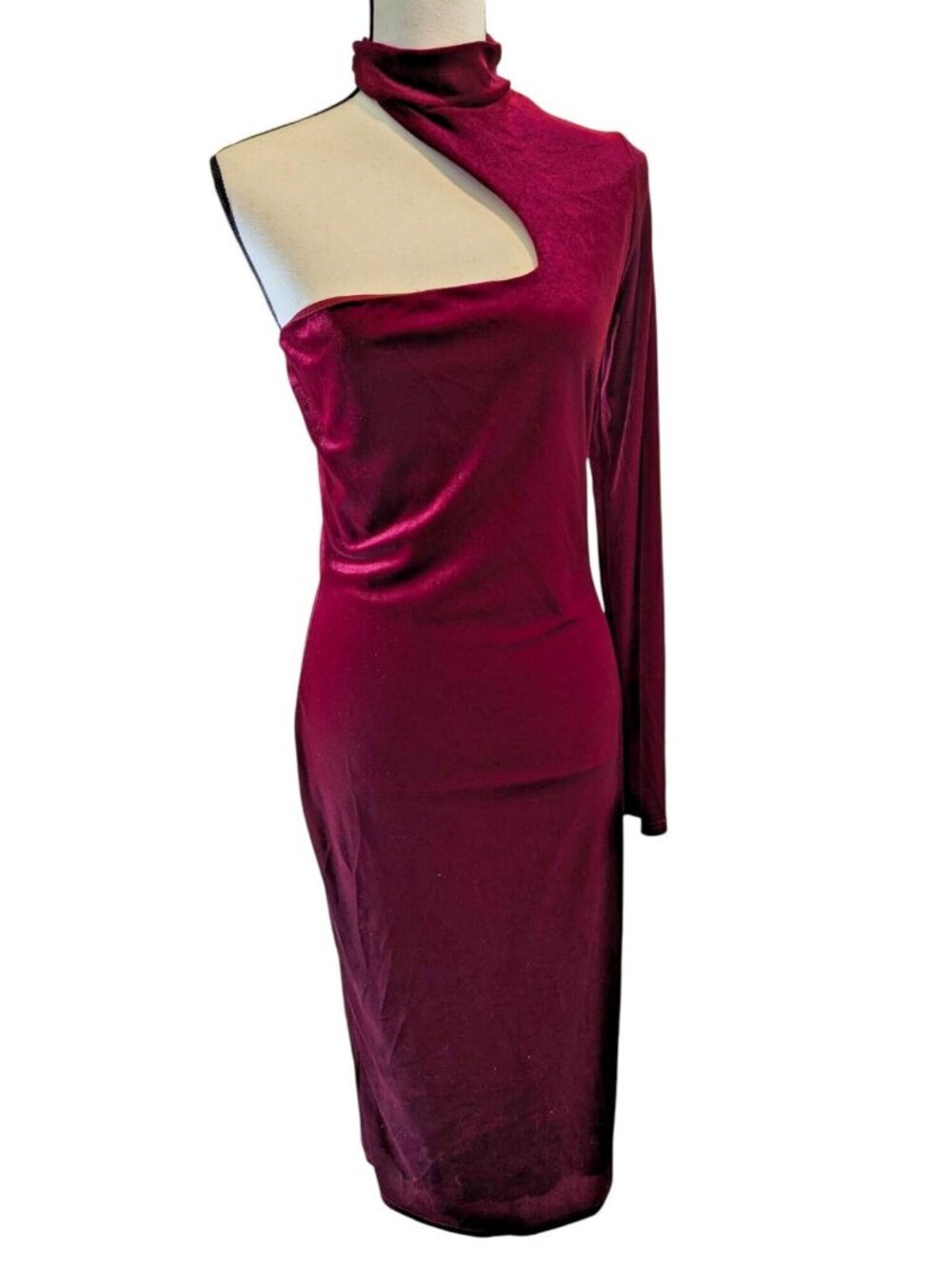 Olive Tree Dress Large Red Velvet One Shoulder Cutout Stretch Holiday Party Sexy
